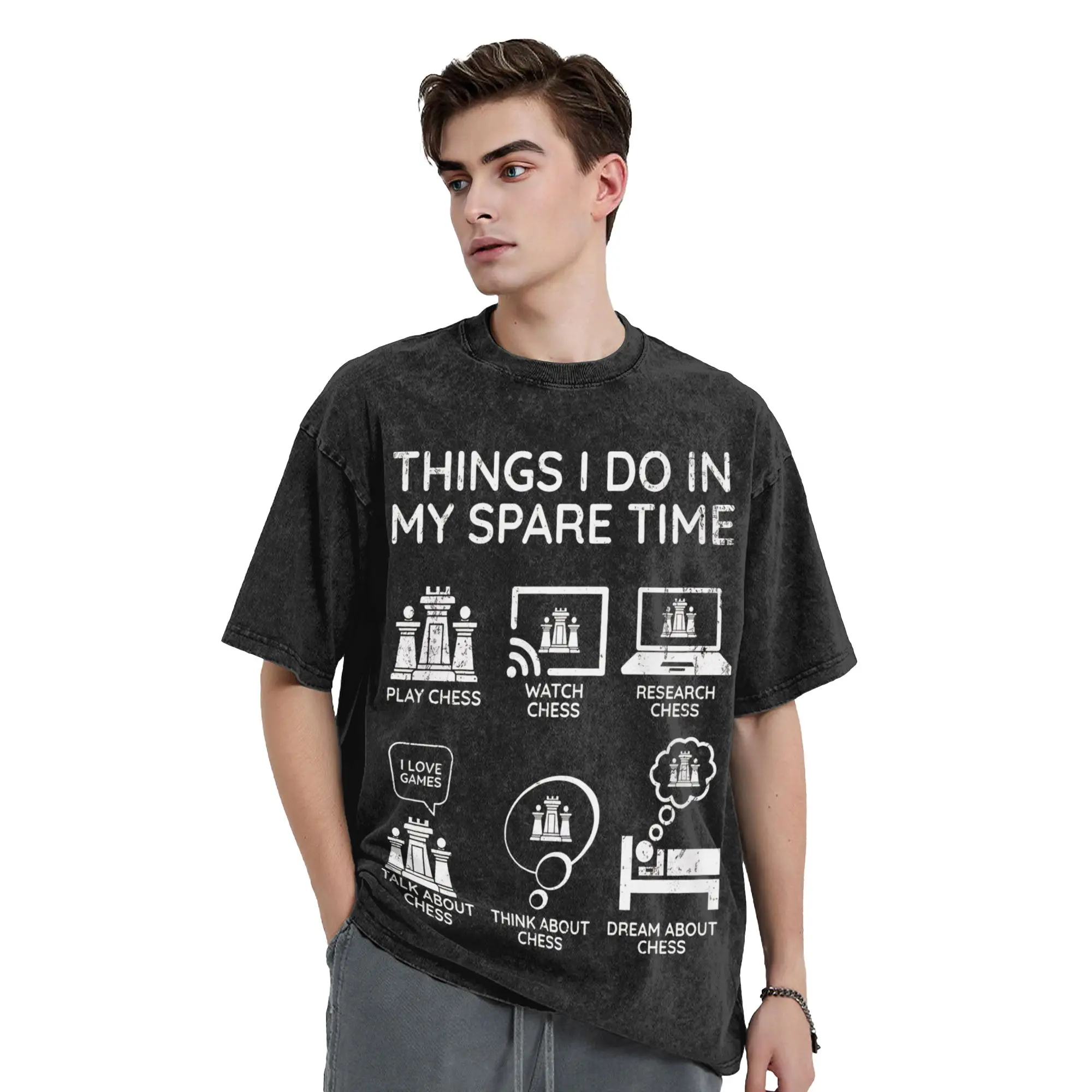 Washed T Shirt Things I Do In My Spare Time Chess Player Retro T-Shirts Oversize  Streetwear Cotton Printed Tops Tees Men Women