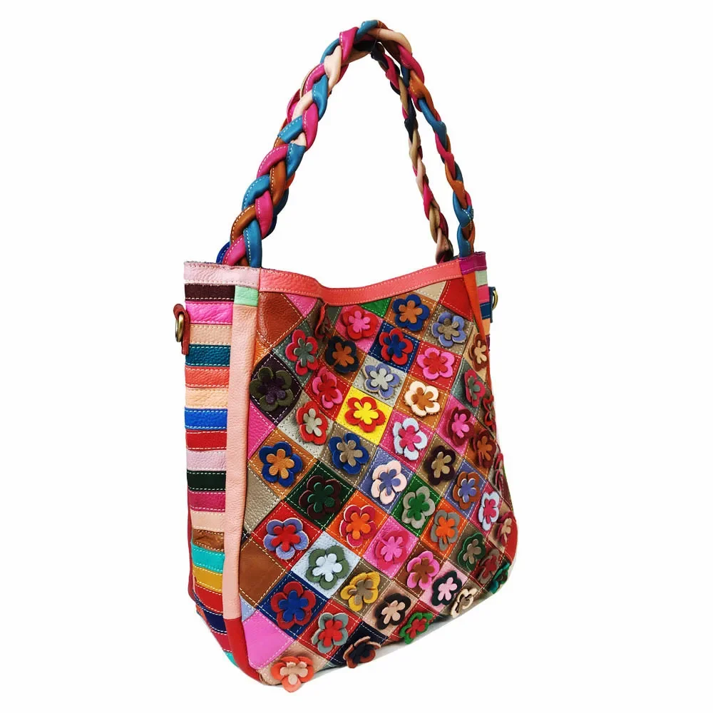 Women Fashion Flowers Genuine Leather Splicing Large Capacity Block Stripe Tote Handbags Woven Straps ShoulderBag CrossbodyBag