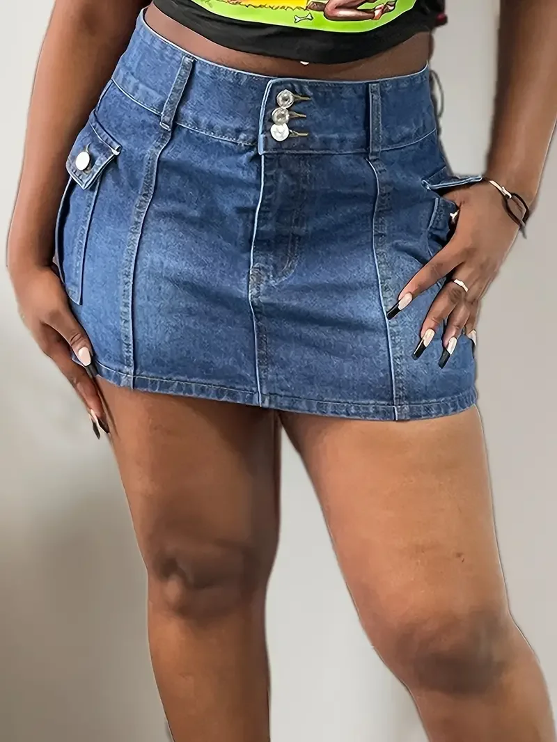 Women Sexy Fashion Line Denim Mini Skirt Pocket Breasted Denim Skirt