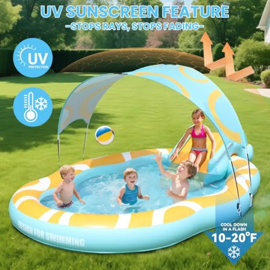 Backyard water play center for kids: inflatable kiddie pool with slide and canopy durable thickened PVC blue and yellow extra-l view 3