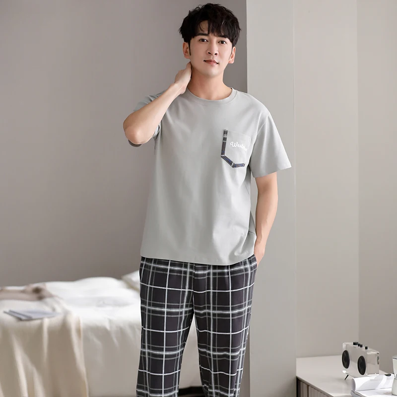 Neueste Männer Pyjamas Set Lose Männer Pyjamas 100% Baumwolle Kurzarm Nachtwäsche Männlichen Freizeit Hause Kleidung