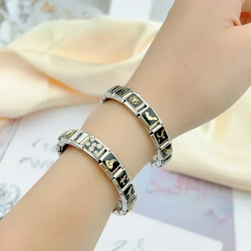 2025 Women Fashions Halloween Dark Gothic Elastic Italian Charm Links Fit 9mm Stainless Steel Modular Bracelet Making Jewelry