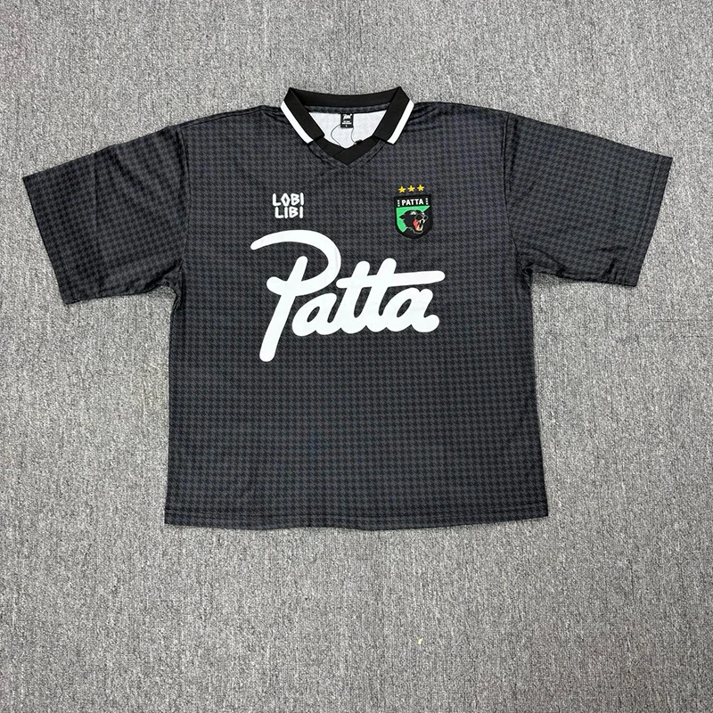 New PATTA Men T-Shirt, Black White Spliced Collar Dark Grid Multi Element Print Breathable Loose Drop Shoulder Jersey Tee Top