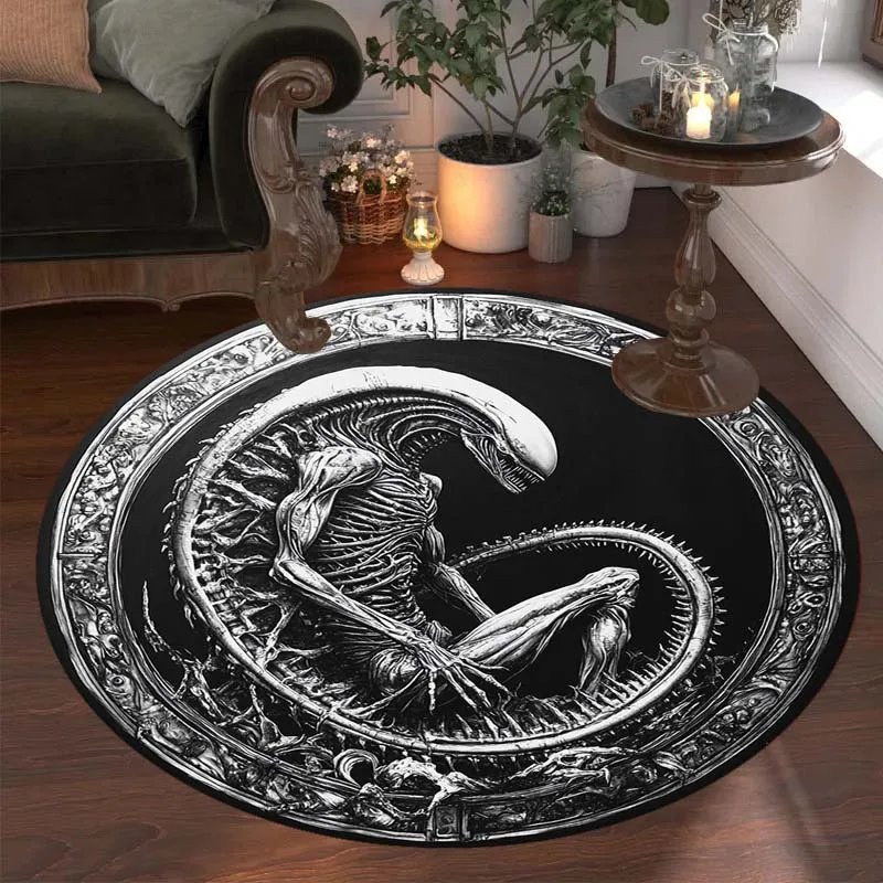 Alien Print Round Rug – Fun Bedroom Dorm Bathroom Chair Mat & Living Room Home Decor Carpet