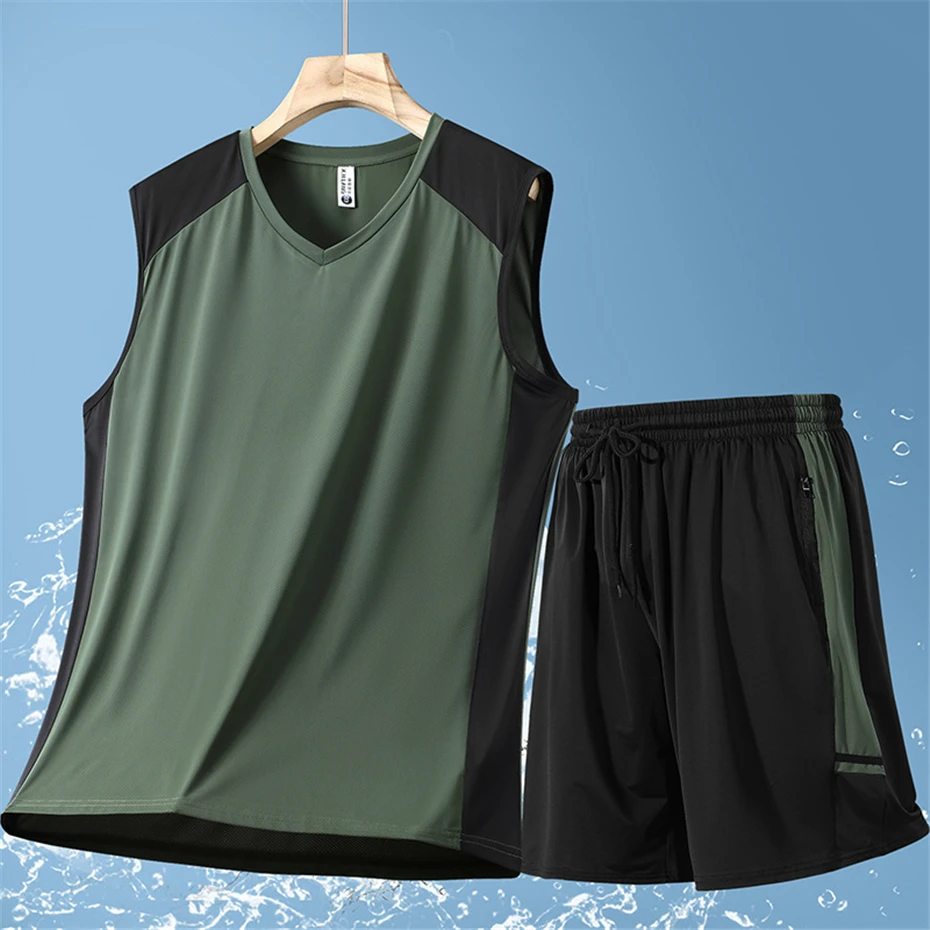 Summer Quick Drying Tracksuits Men Plus Size 13XL Summer Sets Casual Fashion Patchwork Tank Tops Shorts Suits Male Big Size 13XL