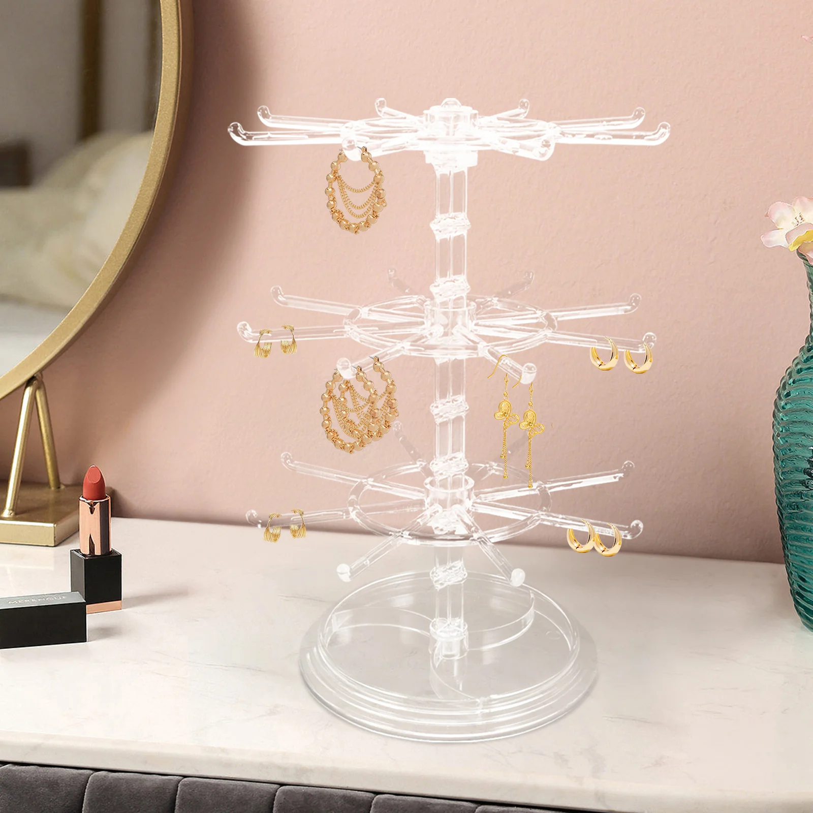 

2pcs Rotating Jewelry Organizer Stand 3 Tier Keychain Earring Storage Rack Multilayer Necklace Display Holder 360° Rotating