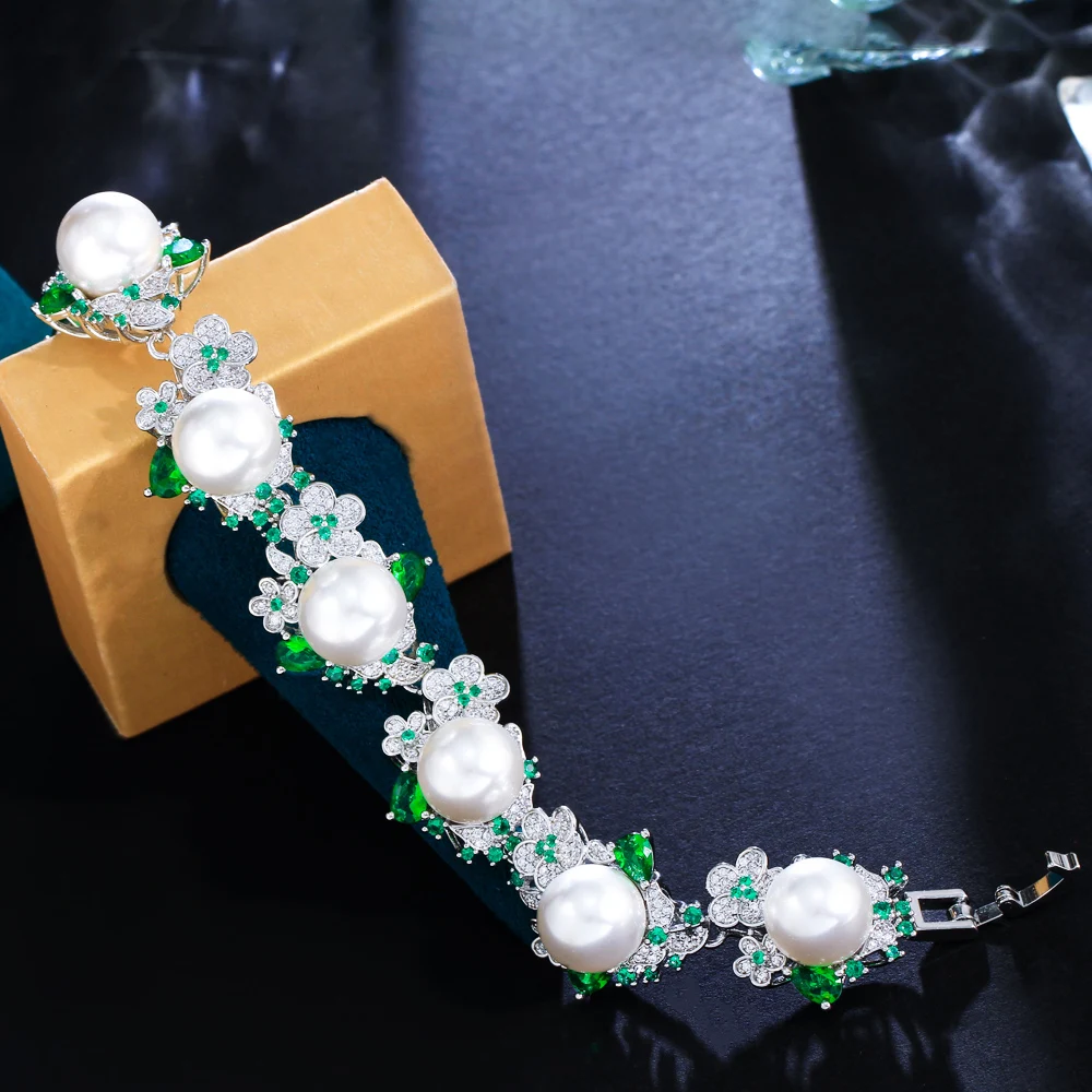 ThreeGraces Elegant Shiny Green Zirconia Cluster Flower Luxury Big Simulated Pearl Bridal Wedding Party Bracelet for Women BR363