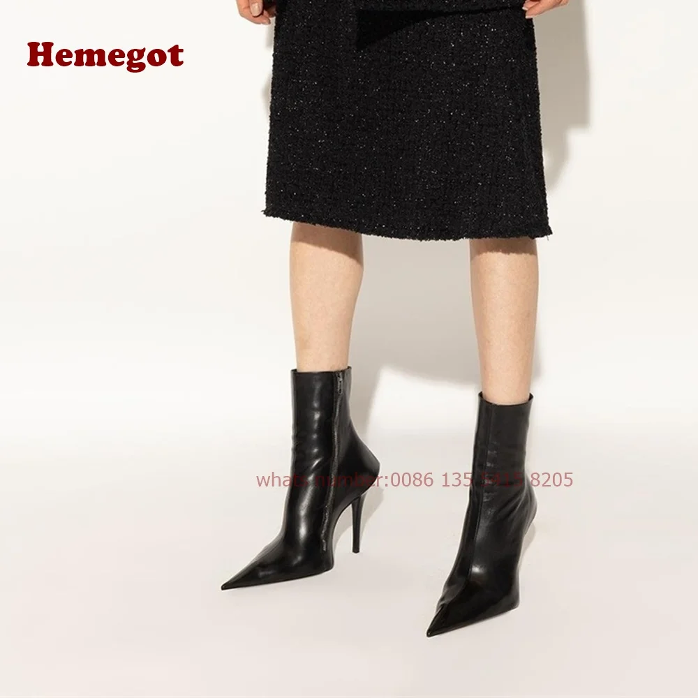 

Side Zipper Ankle Boots Pointy Toe Strange Style Casual Women's Boots Winter Warm Black Solid Leather Glossy Runway Shoes Sexy