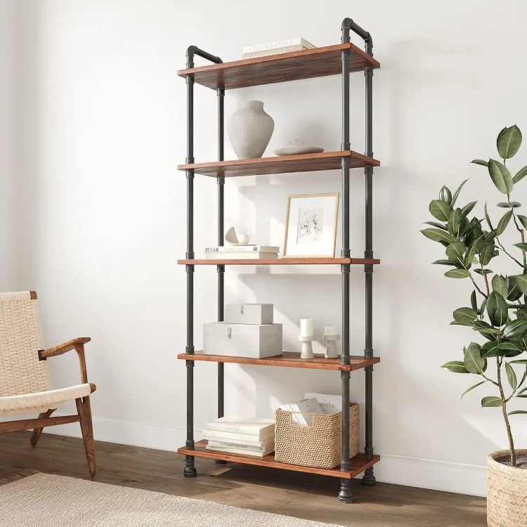 

Rustic Industrial Bookshelf - Real Pine Wood with Sturdy Metal Frame - Tier Bookcase for Displaying Decor - No Tools Required