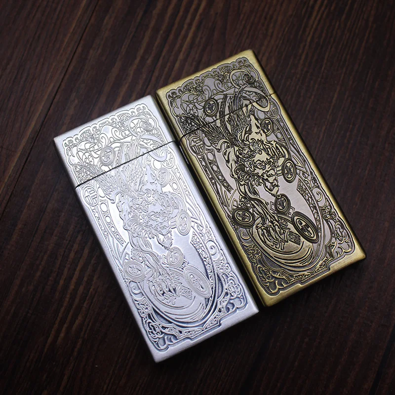 Tangcao Pixiu Relief Kerosene Lighter, Thin Metal Carved Grinding Wheel, Open Flame, Creative