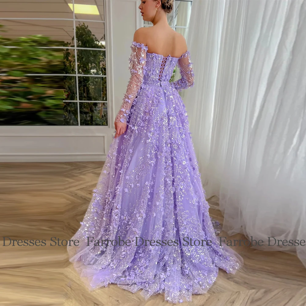 Luxury Sequined Evening Dresses 2025 Organza A-line Graduation Gown Lavender Off-the-shoulder Applique Beads Prom Dress Long