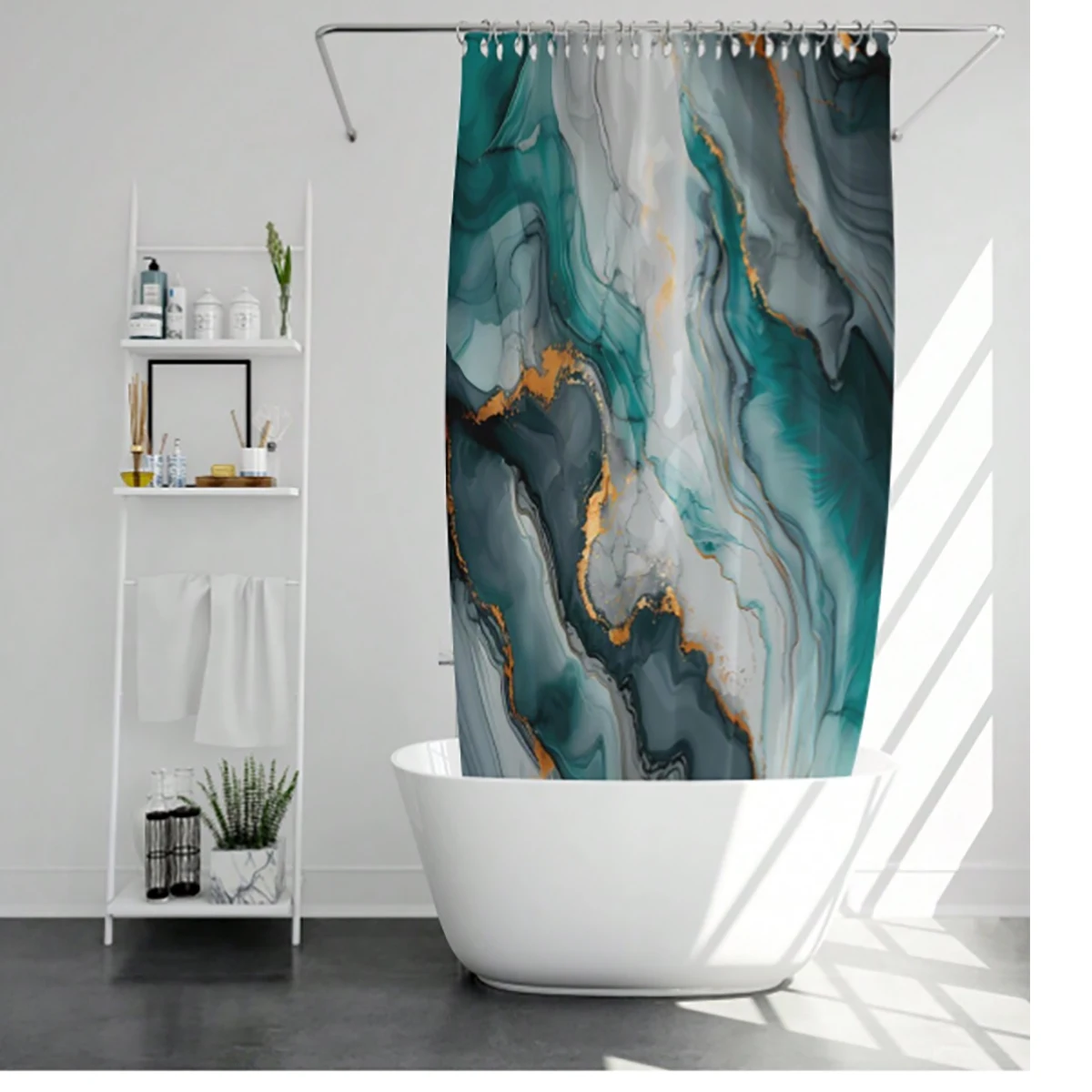 1 pc green marble pattern polyester material shower curtain waterproof fabric, thickened anti mold partition curtain for bat