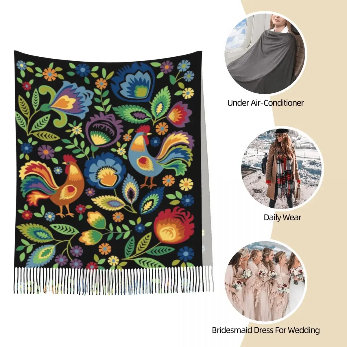 

Польский народный шарф с петухами, шарфы с кисточками, женские мягкие теплые шали и накидки, длинная осенне-зимняя шаль