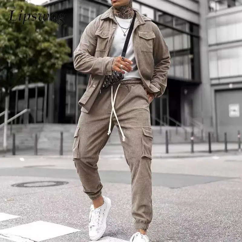 

Hip Hop Mens Two Piece Sets New Spring Fashion Streetwear Cargo Jacket Men's Cargo Pants Corduroy Suits Men Trendy Outfits 2024