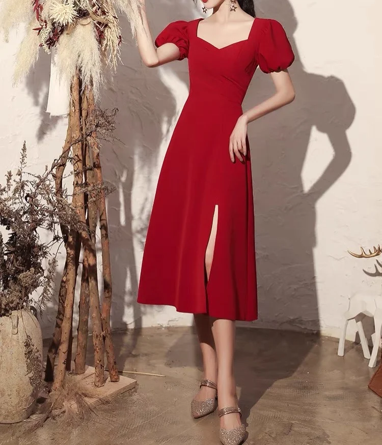 Vestido de noche elegante Borgoña 2025, corte en A, cuello cuadrado, manga abombada, Sexy, abertura larga, vestido Formal para fiesta de graduación, vestido de fiesta para mujer, nuevo