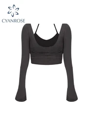 Korean Style Fashion Y2k 2 Piece T-shirt Women's Sexy Slim Long Sleeve Bottoming Tight Chic Thin Topos 2022 Autumn Winter New
