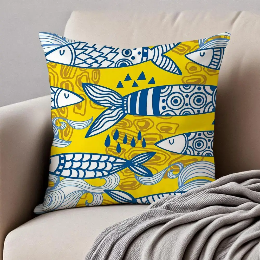 Cute Coastal Charm Sardines Art Design Cushion Cover Pillowcase Anti-dustmite Invisible Zipper Short Plush Sofa Cushion - view 3