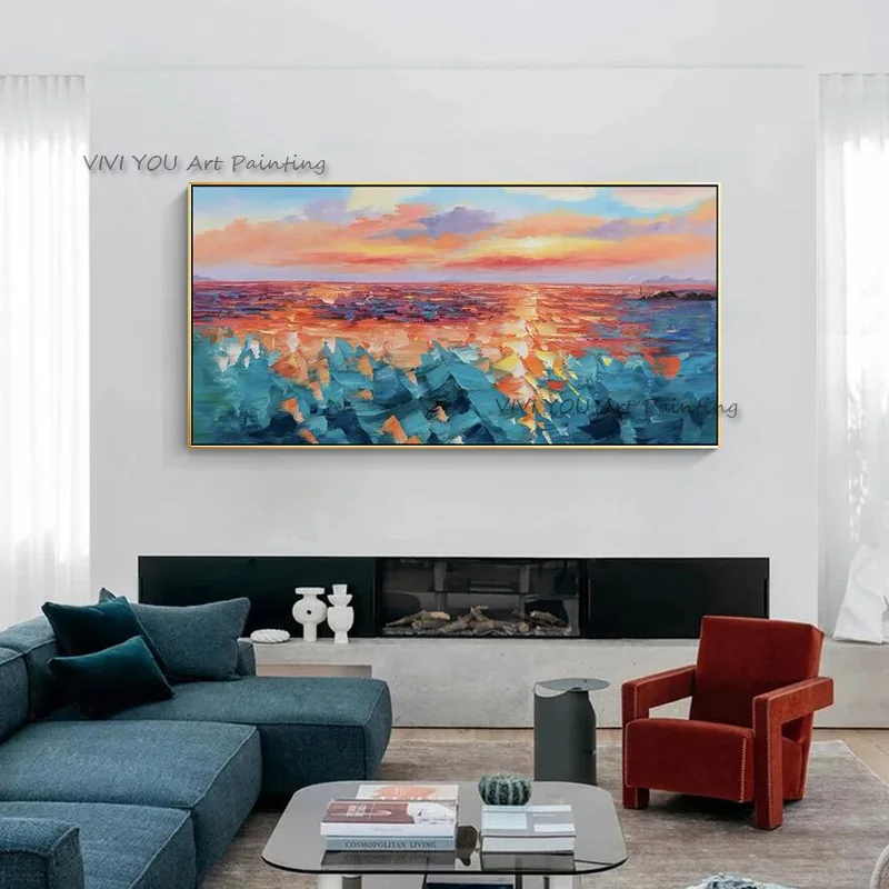 

Handmade sunset glow and sea Oil Painting Abstract Original Modern Living Room Wall Art