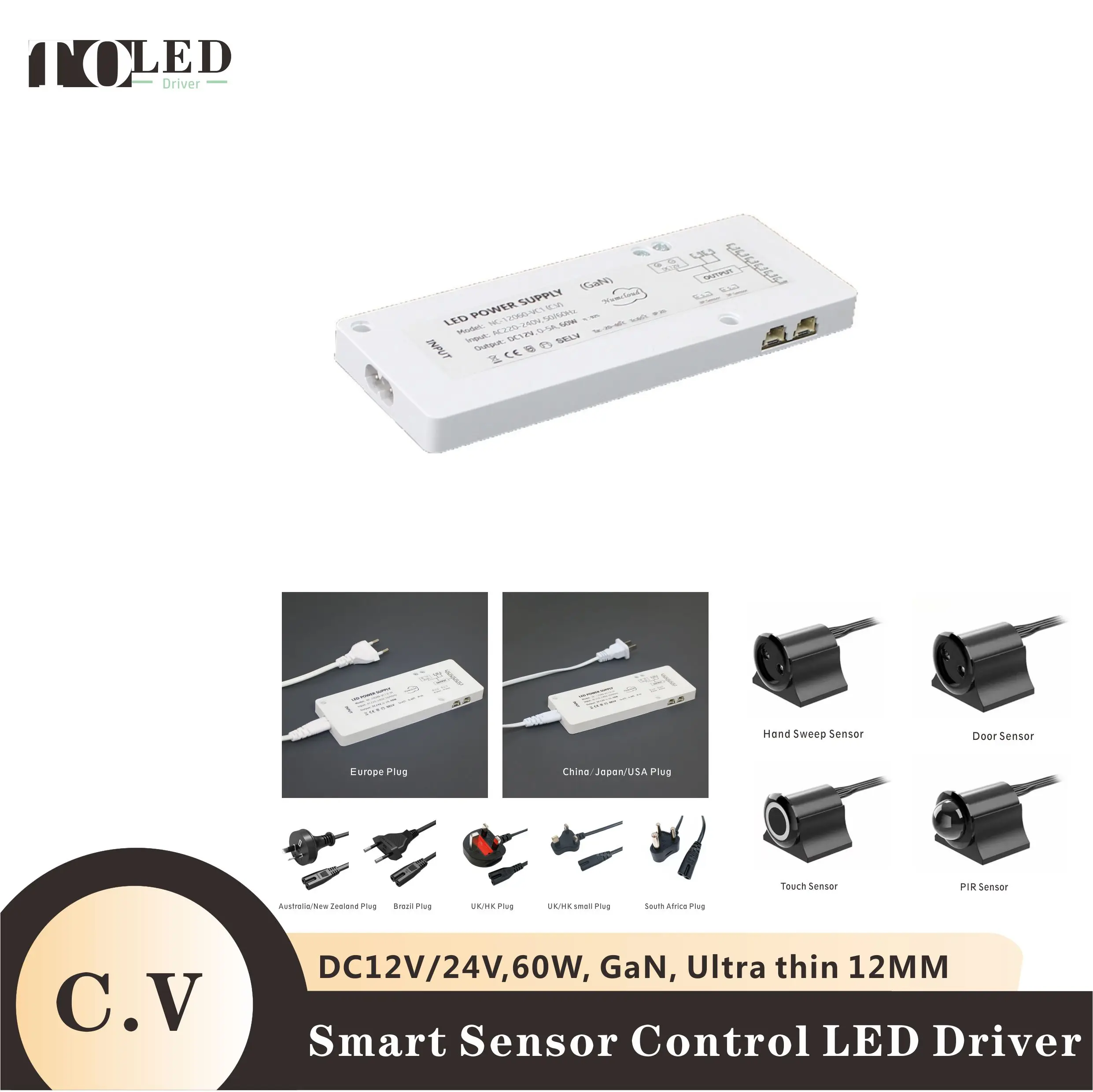 C.V 12V/24V 60W sensor smart control GaN Ultra thin 12mm Cabinet Light driver LED power supply lighting transformer