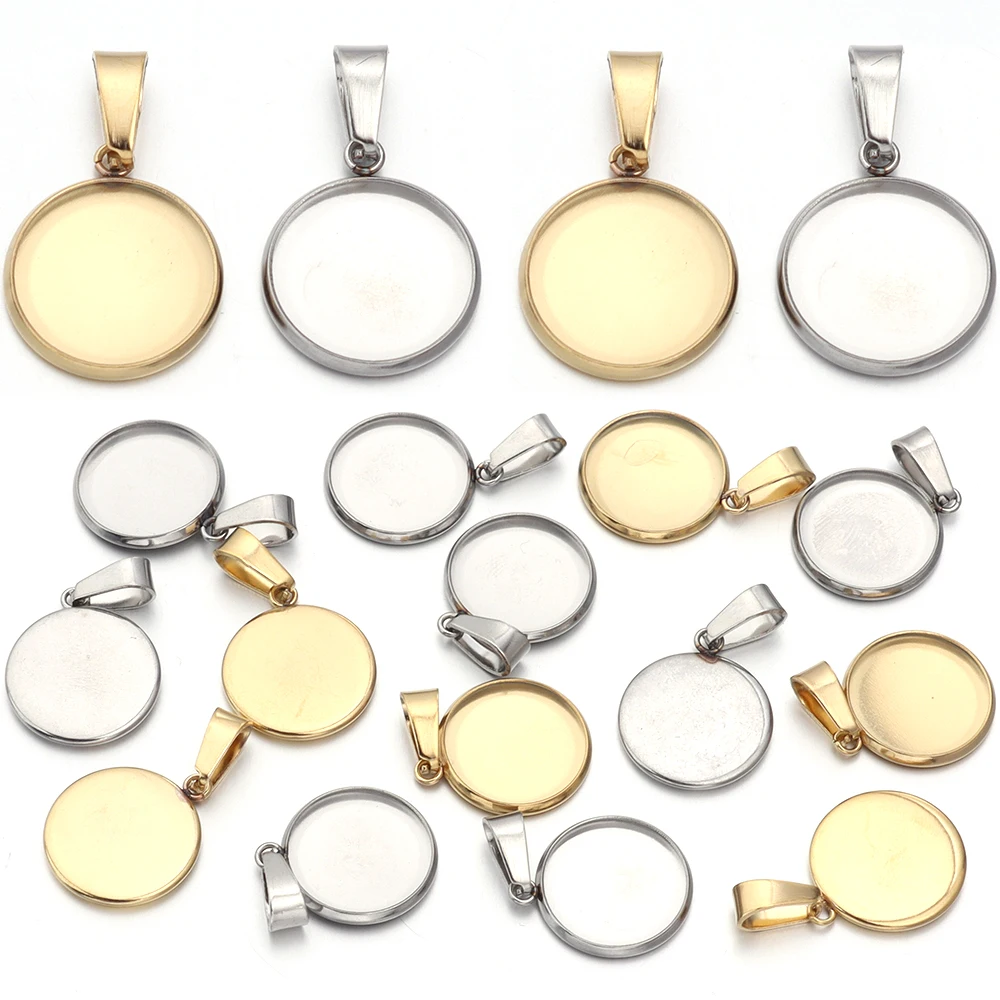 Pendentif en acier inoxydable 6-30mm, réglage vierge, Base de Cabochon ronde, breloque camée pour collier à faire soi-même, accessoires de fabrication de bijoux, 5-10 pièces