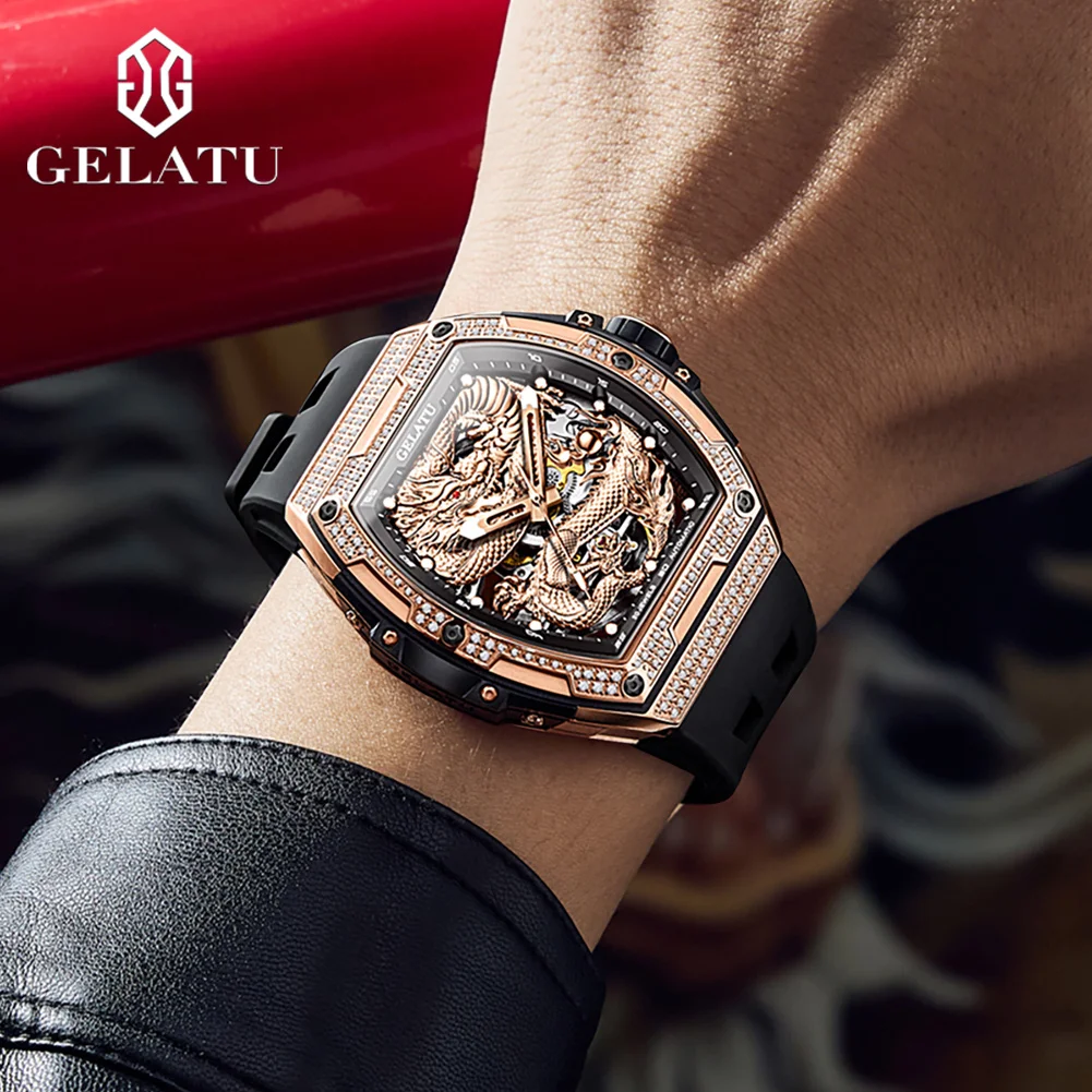 GELATU Top Brand Luxury Automatic Watch for Men Engraving Dragon Surface Waterproof Classic Rose Gold Mechanical Watches Reloj