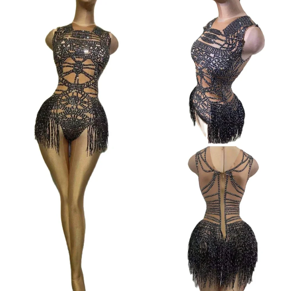 Zwarte Kwastje Strass Bodysuit Vrouwen Sprankelende Kristallen Outfit Party Latin Dance Club Stage Catwalk Show Kostuum