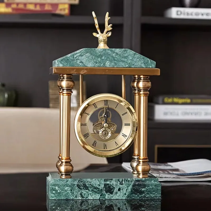 New Style Antique Green Marble Clock Hot Selling Office Decoration Marble Mute Metal Desk Clock