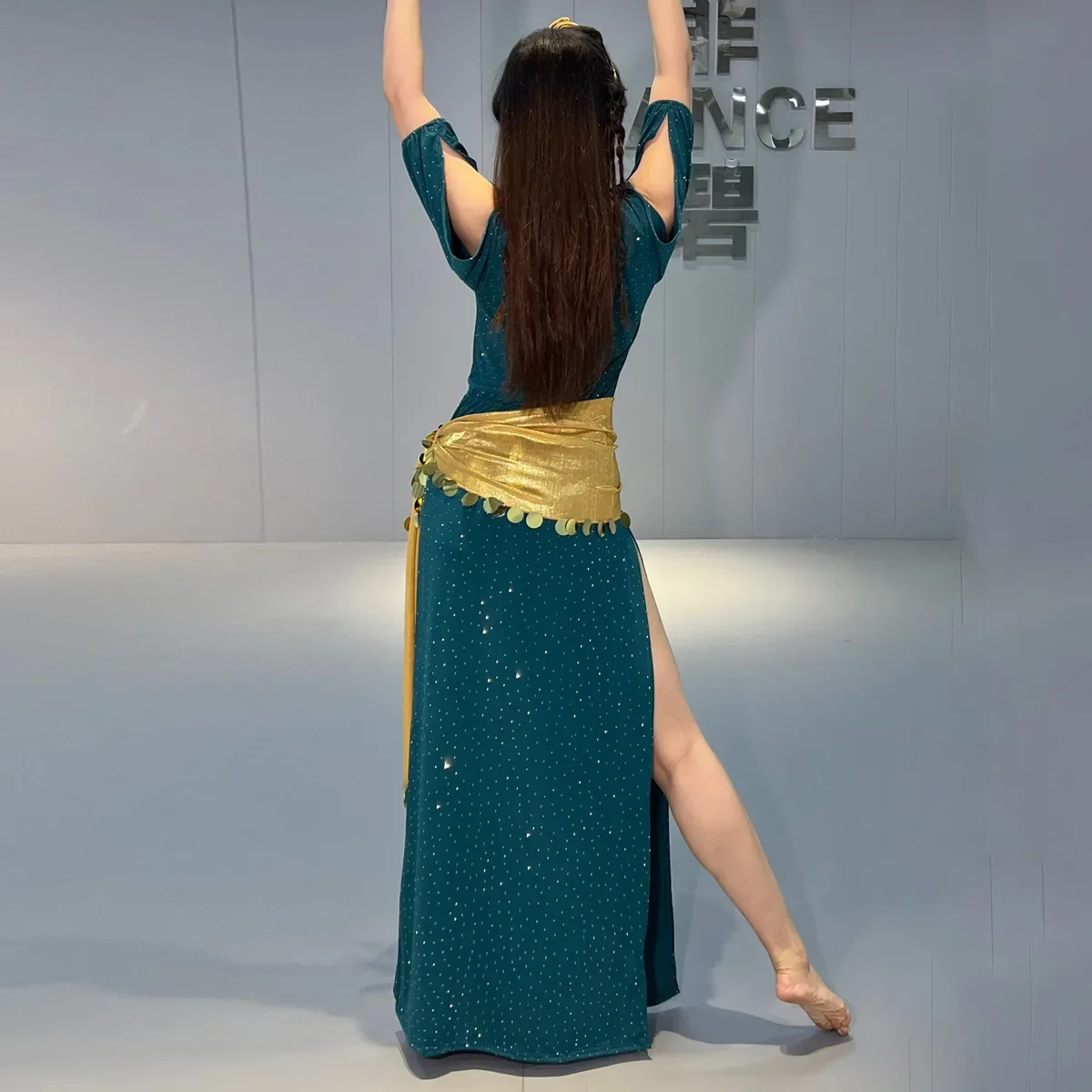 Femmes demi manches coton Robe + coiffure + ceinture 3 pièces Shabbi Baladi Performance Robes danse du ventre Performance Costume ensemble