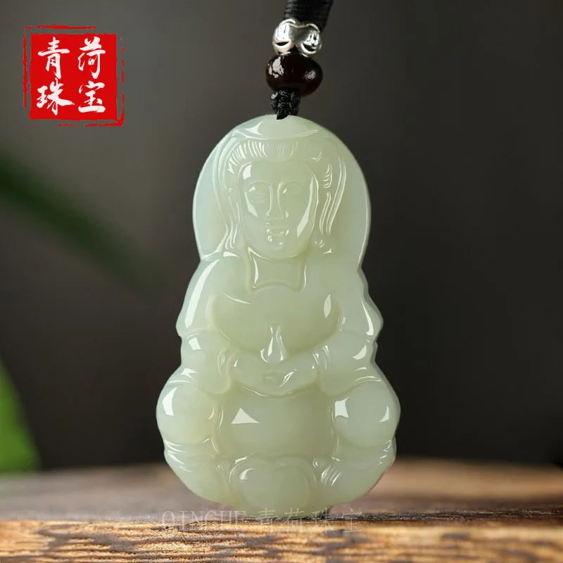 Hetian And Women, Guanyin Bodhisattva White Jade Pendant, Men'S Amulet