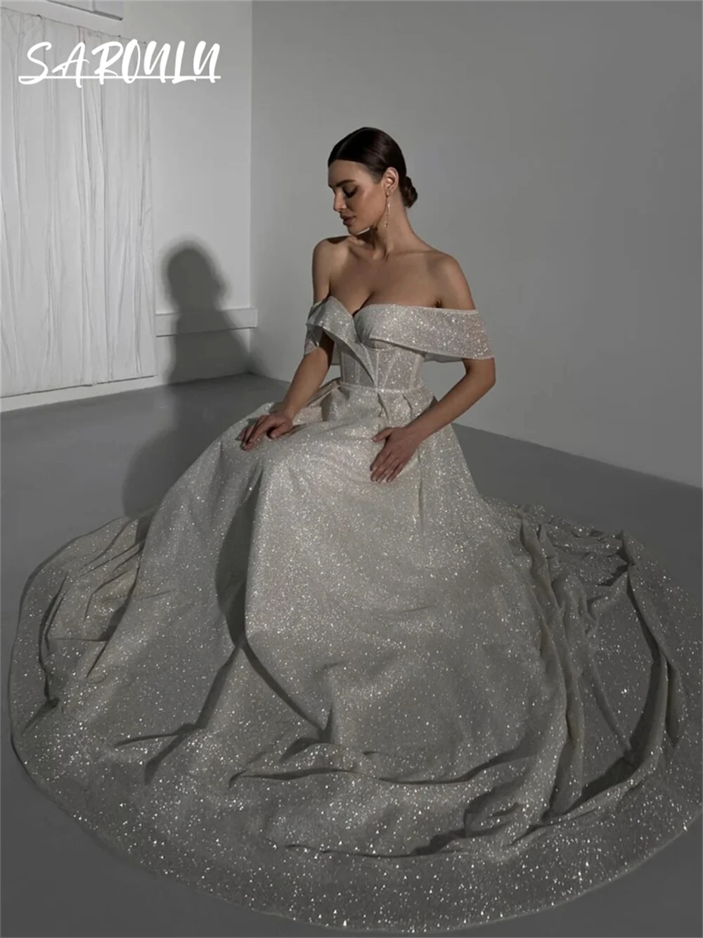 Gliter Fabric Splender Wedding Dress Sophistication Open Shoulder Bride Dresses Elegance Refined Luxury Bride Dresses