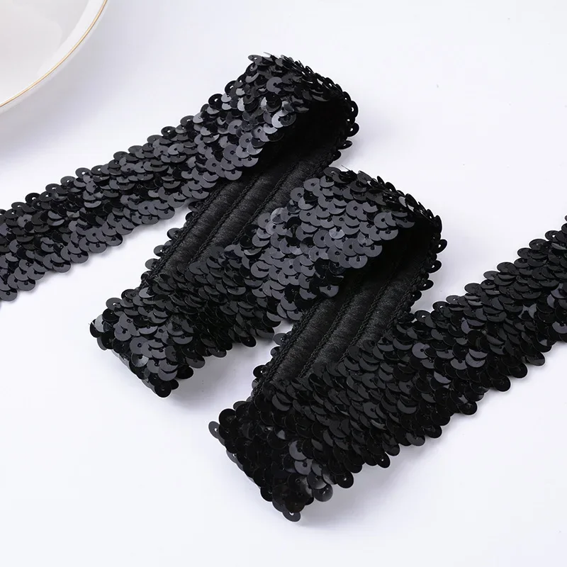 Lace Sequin Black 3cm Stretch Fabric Elastic Lace Trim Ribbon Stretched Paillette DIY Sewing Headwear Clothing Accessories 1yard