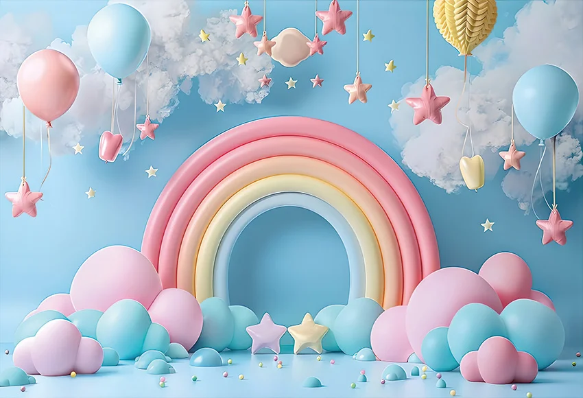 Mehofond Photography Backdrop Pink Balloon Rainbow Decor for Newborn Birthday Party Stars White Clouds Cake Smash Backgrounds