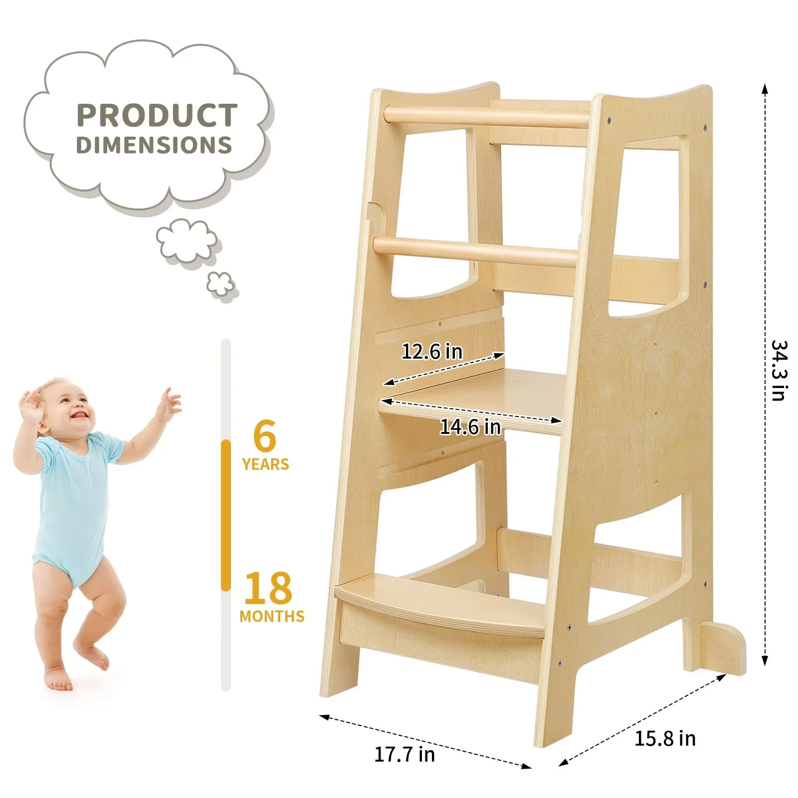 Modern Customizable Plywood Eco-friendly Portable Toddler Learning Holder Tower Kids Kitchen Step Stool Safety Rail High Chairs