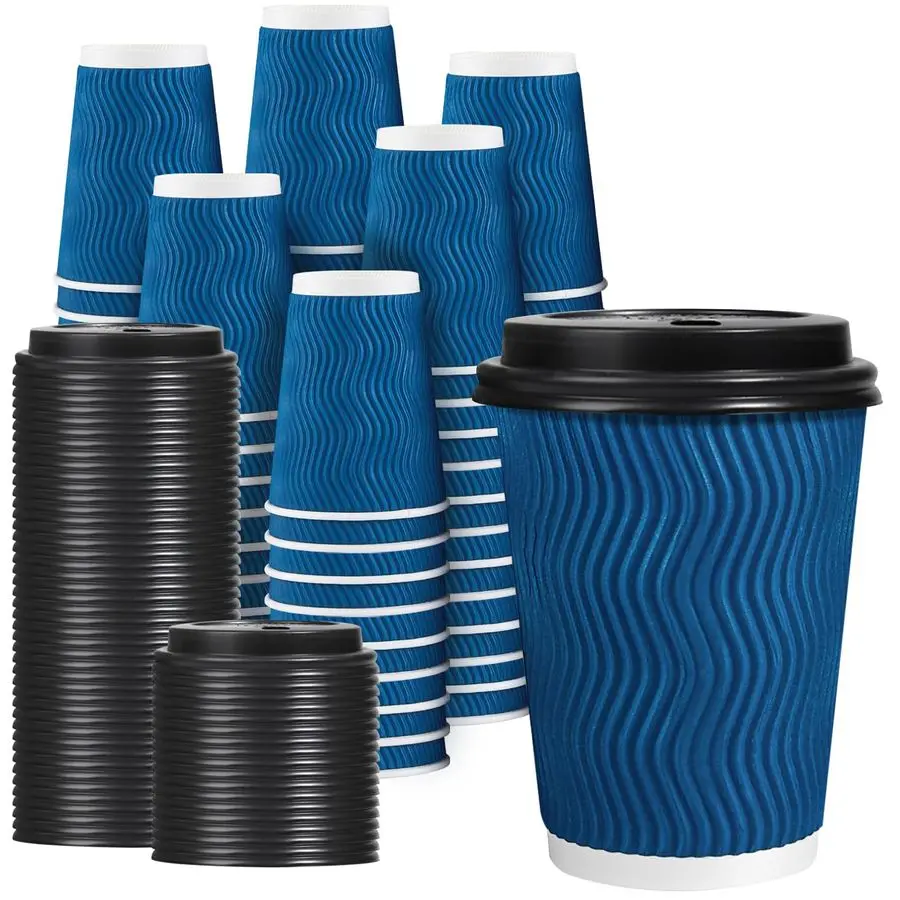 

12 OZ Disposable Coffee Cups with Lids 100 Pack, Hot Paper Insulated Corrugated Ripple Wall Cup for To Go Drinks and Beverages