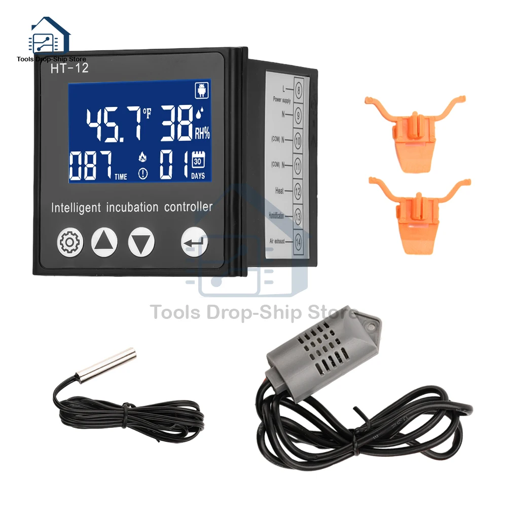 HT-12 Digital Egg Incubator Controller Thermostat Hygrostat Automatic Turning Control with Temperature Humidity Sensor Probe