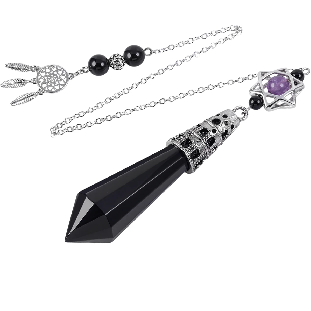 Faceted Crystal Point Stone Pendant Pendulum With Merkaba Star and Dream Catcher For Divination Meditation Chakra Balancing