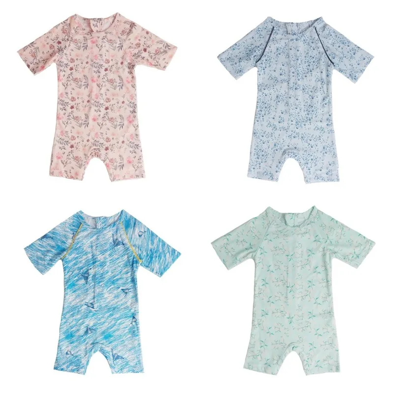 

Летние детские цельные купальники, быстросохнущие купальники для девочек, пляжные купальники с принтом и короткими рукавами для маленьких мальчиков, купальники для девочек