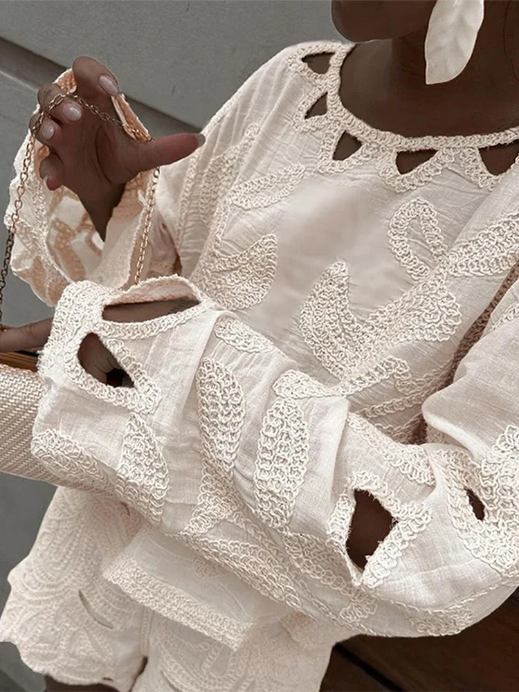 Casual Embroidery Shorts Sets Women Chic Hollow Out Loose Shirts Irregular  High Waist Shorts  Spring Lady Vacation Outfits