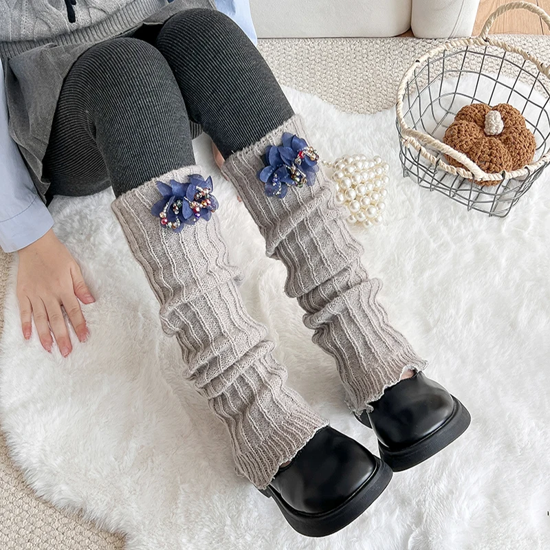 Princess Style Girls Decorative Knit Leg Warmers Exquisite Beaded Blue Floral Stretchy Breathable Knit Romantic Sweet Leg Decor