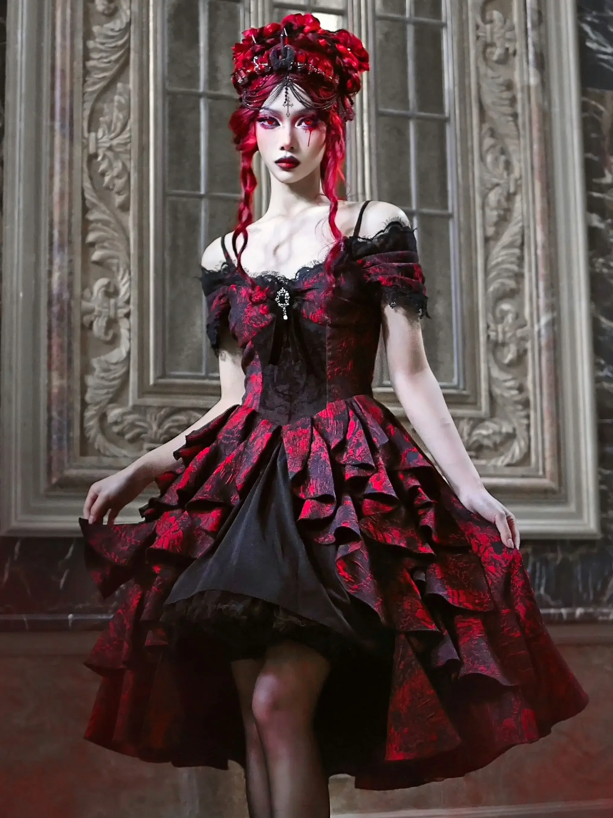 

blood supply original Gothic red ball gown dress off shoulder short sleeve spaghetti dress black mesh goth punk wave dress