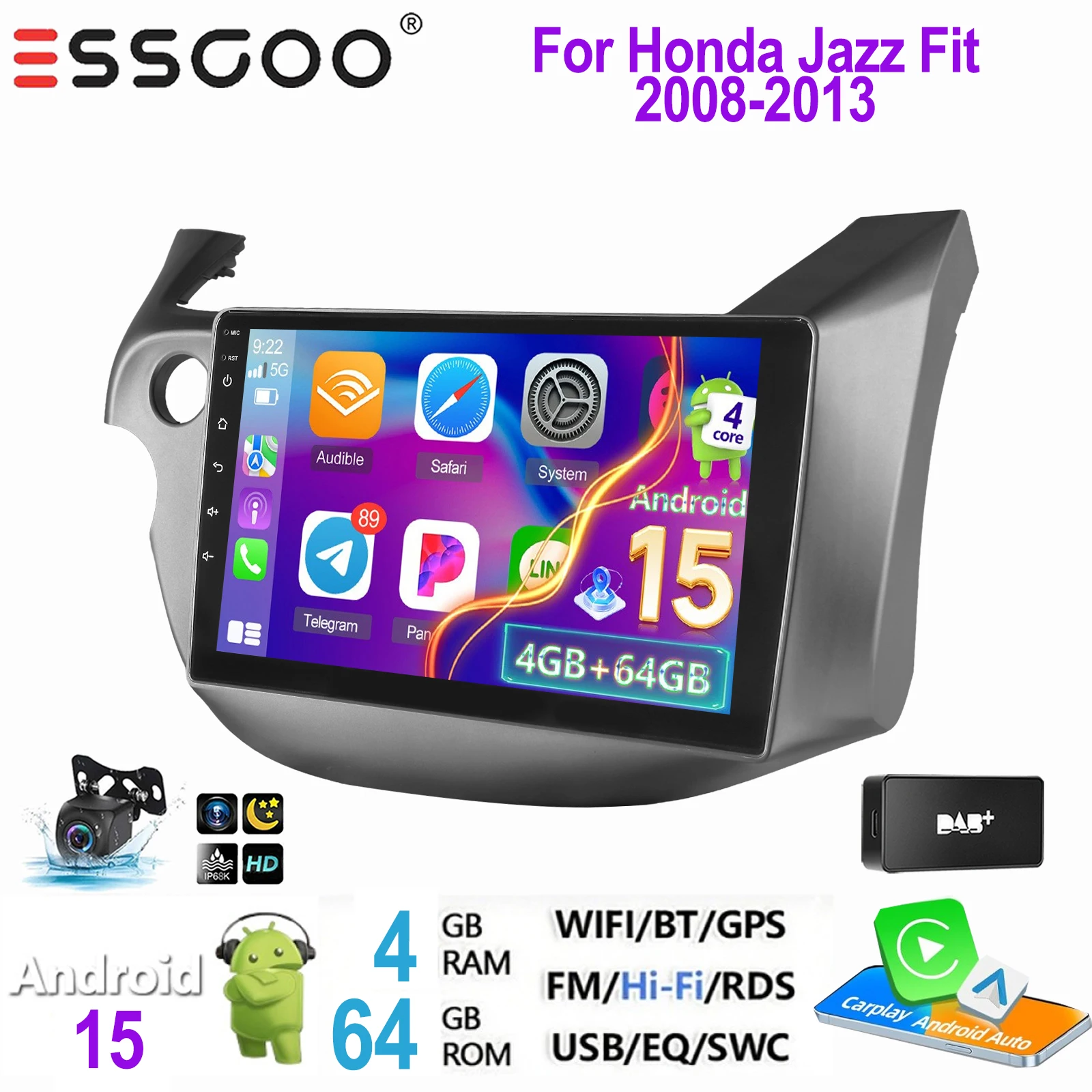 ESSGOO 2 DIN autoradio voor Honda Jazz Fit 2008-2013 Android 15 met draadloze Carplay, Android Auto, GPS, NAVI, WIFI, SWC, RDS, FM, ASP