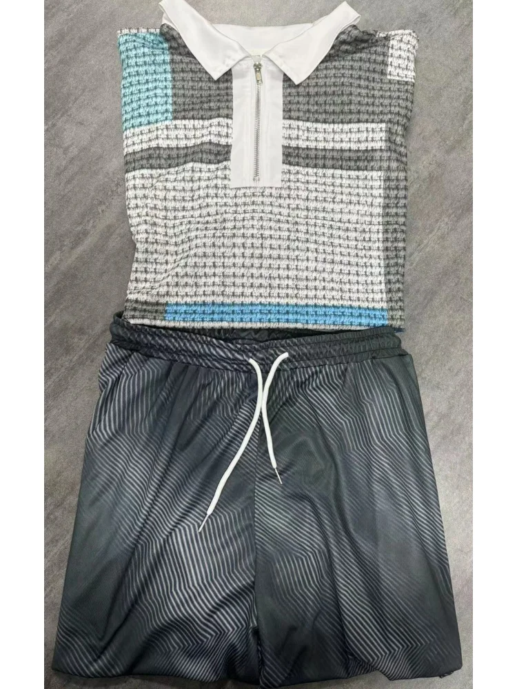 Conjunto de shorts de manga curta com estampa de pôquer, moda masculina, camisa polo com zíper, manga curta, conjunto de duas peças