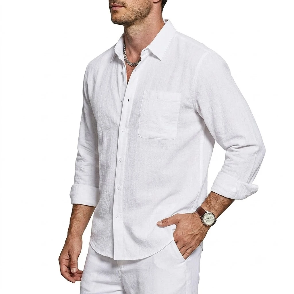 Mens Cotton Long Sleeve Shirt Classic Solid Button-Down Soft Breathable Work T-Shirt Pocket Dress Shirt Lapel Design Streetwear