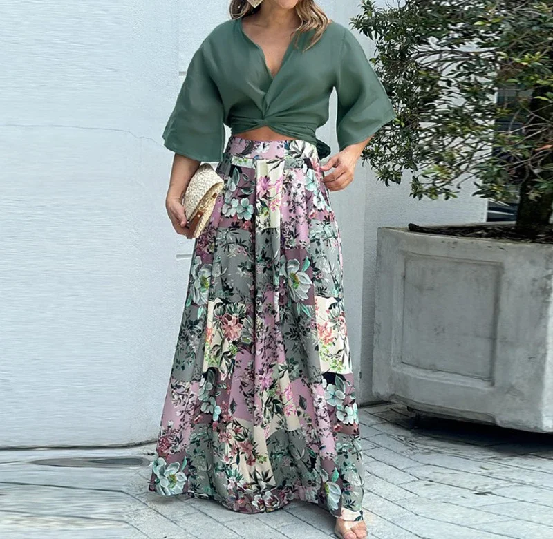 

Fashion Two Piece Sets Womens Outifits Summer 2024 Versatile Twisted Navel Top and Floral Printed Wide Leg Pants Suit for Female