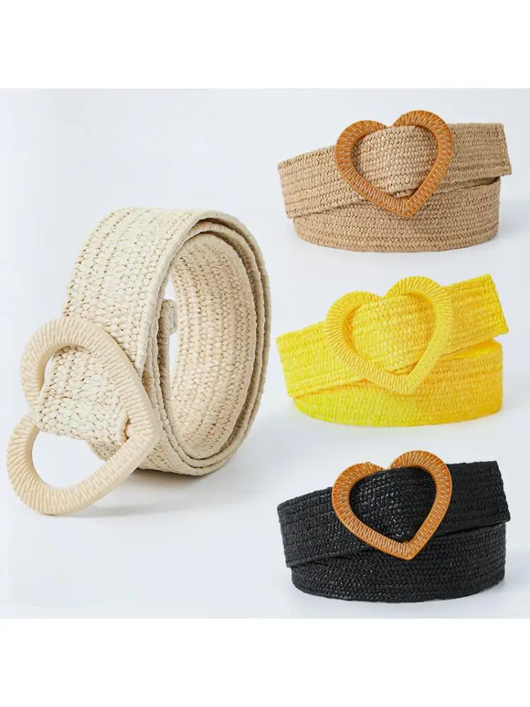 

Bright Yellow Women Belt Summer Fresh 4cm Elastic Stretch Grass Woven Sweet Decorative Dress Love Buckle95*4CM Small Ladies