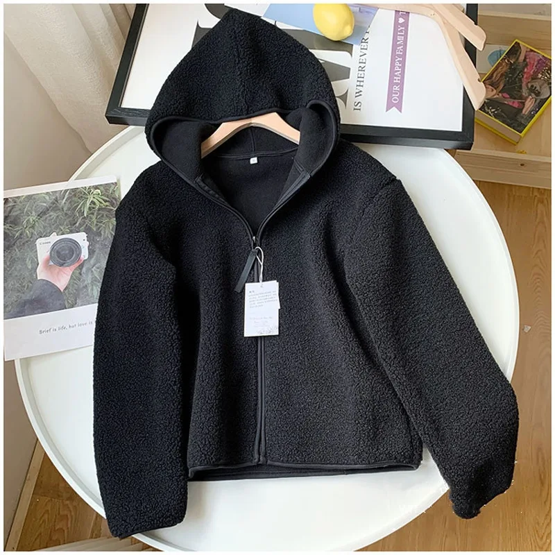 Autumn Winter Imitation Lamb Wool Coat Women Warm Polar Fleece Thicken Hooded Short Outerwear Korean Fashion Loose Cardigan Tops