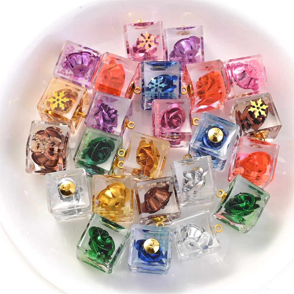 5 Stück transparente, quadratische, leuchtende Rosenblüten-Anhänger für DIY-Schmuckherstellung, Bastelarbeiten, Anhänger, Armbänder, Halsketten – Detail 12