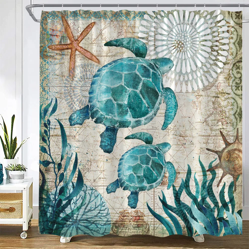 Ocean Animals Shower Curtain Sea Turtle Fish Starfish Seaweed Coral Underwater Scenery Waterproof Fabric Bathroom Decor Curtains