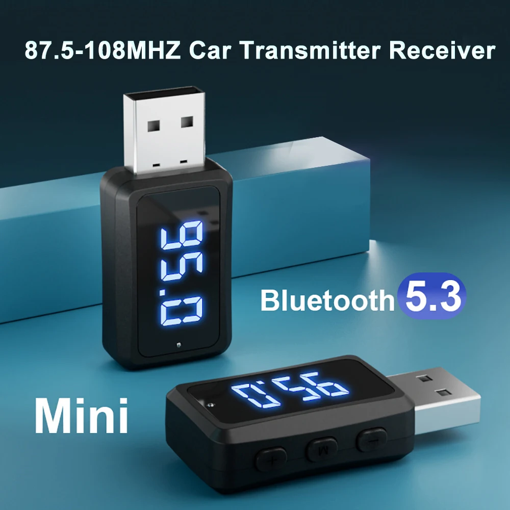 Приемник-передатчик Bluetooth 5,3, 87,5-108 МГц, FM-адаптер, громкая связь, мини-USB, автомобильный комплект питания, беспроводное аудио, FM-радио