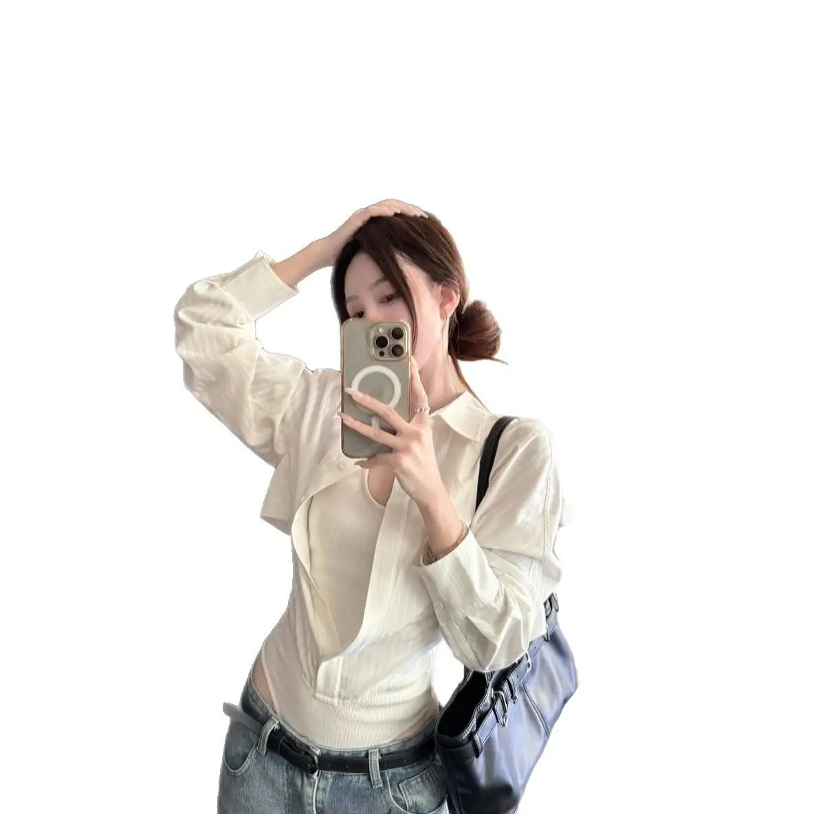   칼라 롱 슬리브 슬림핏 여성용 초가을 허리 조임 파자마 탑 화이트 퓨어 디자이어 스플라이스 바디콘